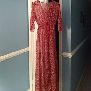 Flower pattern red sheer dress
